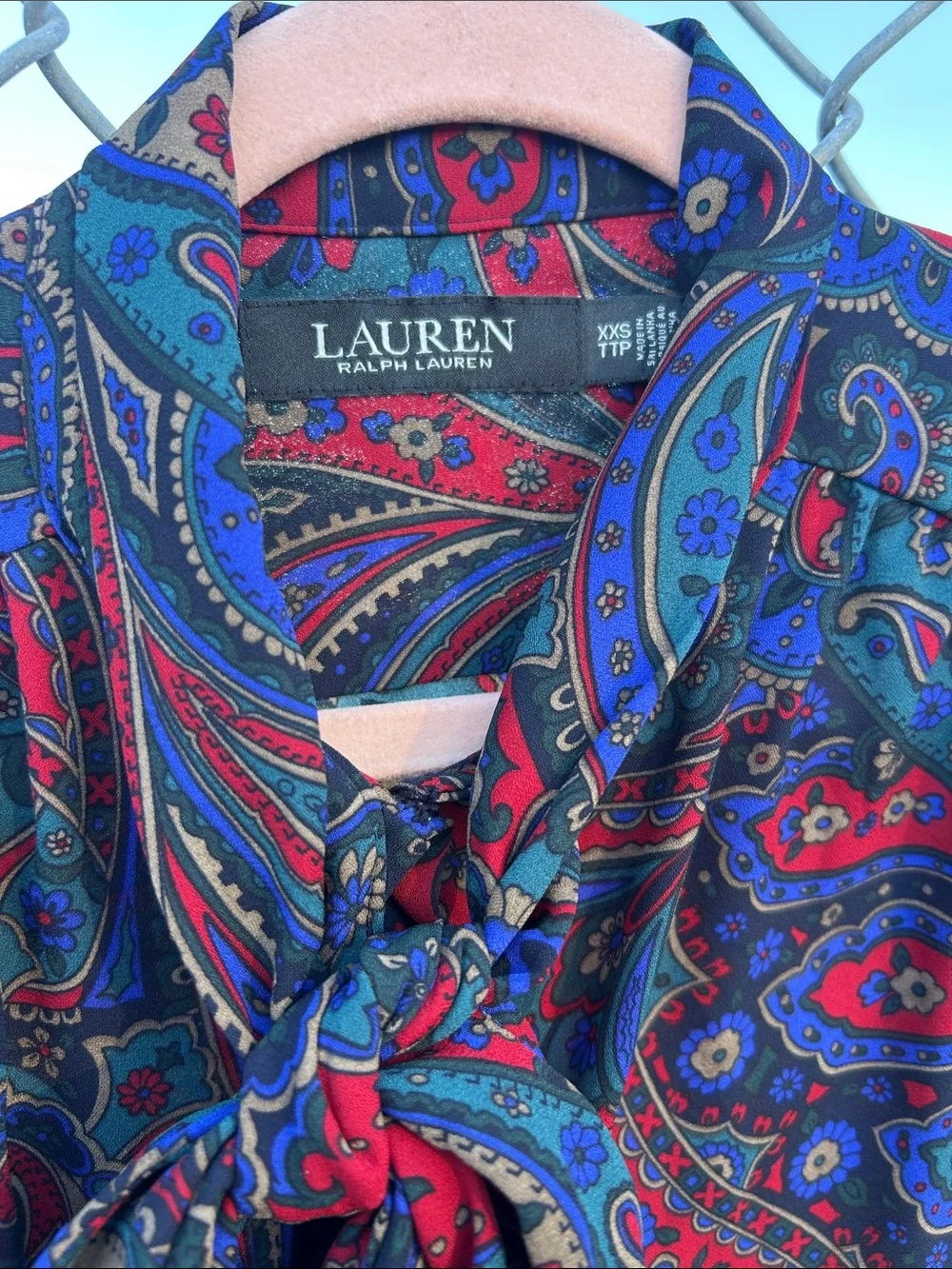 Lauren Ralph Lauren equestrian blue red & purple Paisley Tie-Neck Blouse - Picture 2 of 12